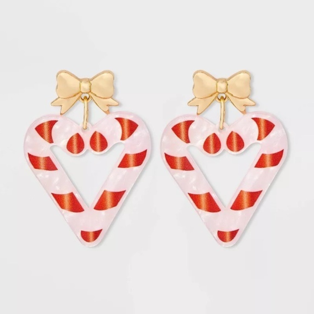 Christmas Candy Cane Heart Bow Post Drop Earrings - Gold/Pink/Red nwt